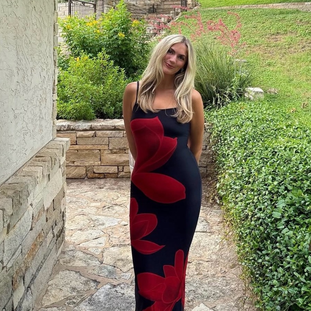 Chic Black Maxi Dress with Red Floral Design